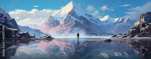 painting style illustration of a man standing at mirror like lake shore with snow mountain as background, Generative Ai
