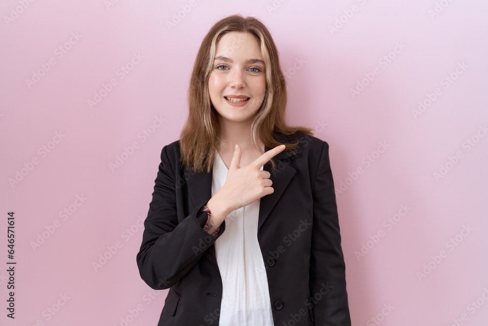 Young caucasian business woman wearing black jacket cheerful with a smile on face pointing with hand and finger up to the side with happy and natural expression Young caucasian business woman wearing black jacket cheerful with a smile on face pointing with hand and finger up to the side with happy and natural expression