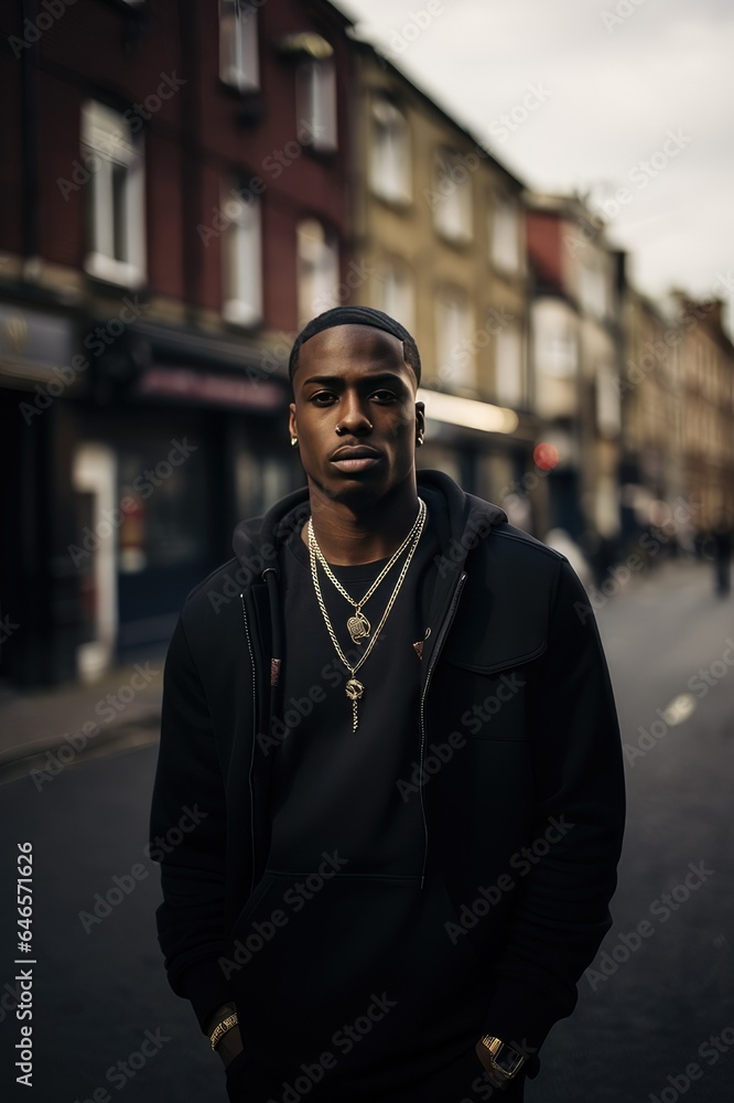 Fototapeta premium young black male in urban setting wearing gold chain. Generative AI