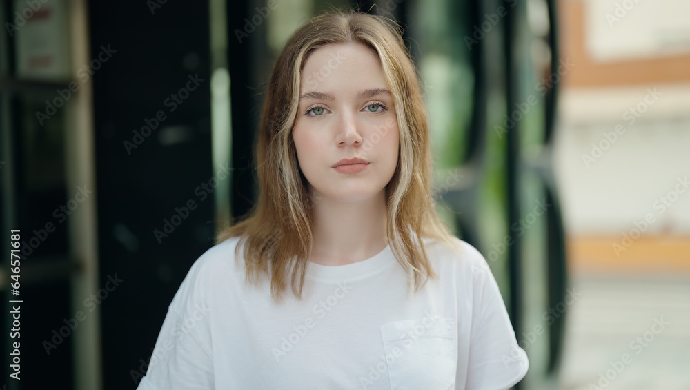 Young caucasian woman standing with serious expression at street Young caucasian woman standing with serious expression at street