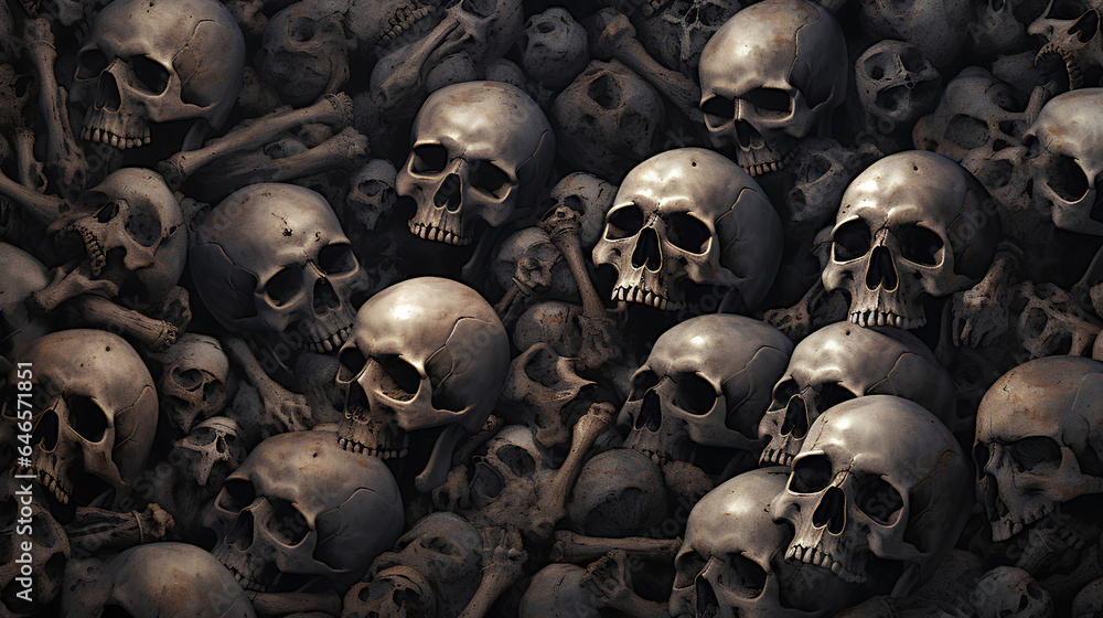 Dark and sinister backgrounds of many skulls and bones for Halloween.