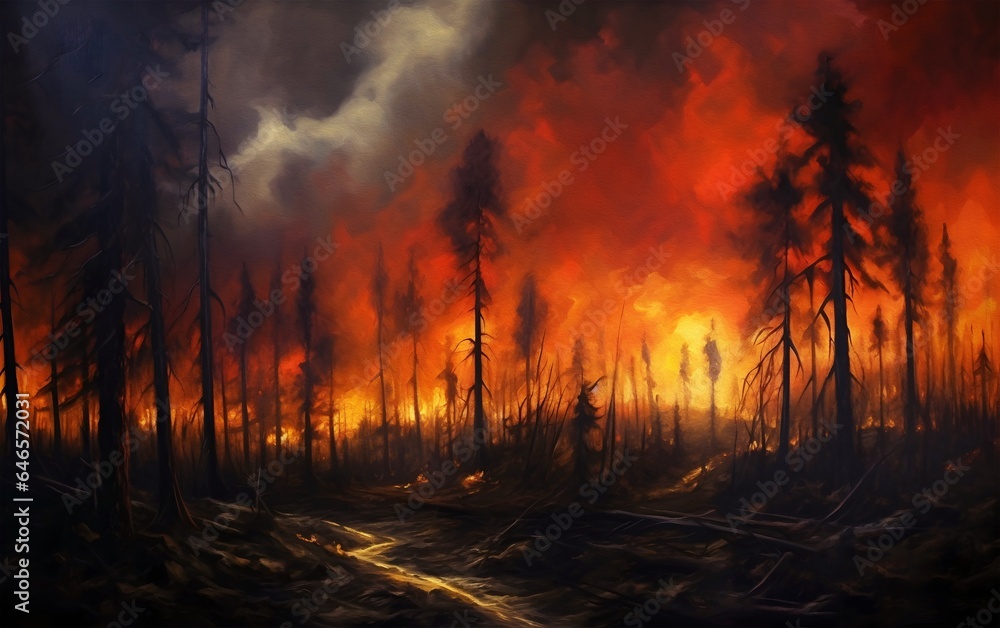 Burning forest like stranger things oil painting, Generative AI illustrations