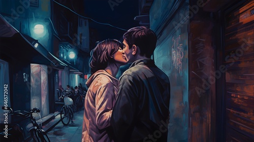 Young couple kissing on a alley, Generative AI illustrations © Artlove