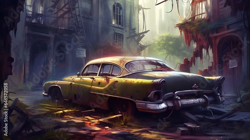Old car in an abandoned city, Generative AI illustrations
