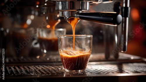 Proffessional brewing - coffee bar details. Espresso coffee pouring from espresso machine. Generative AI