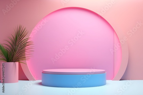 3d display product with geometric podium platform pedestal vaporwave pink funky scene © Pedro