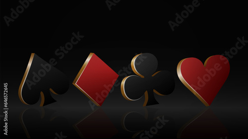 3d suits of cards in black red and gold on a glossy floor with reflection. A concept for poker and casino.