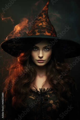 Magic gothic enchanted witch woman evil fairy girl magician wearing dress and hat in Happy Halloween spooky scary fantasy fall scene with full moon creepy horror night light background. Copy space.