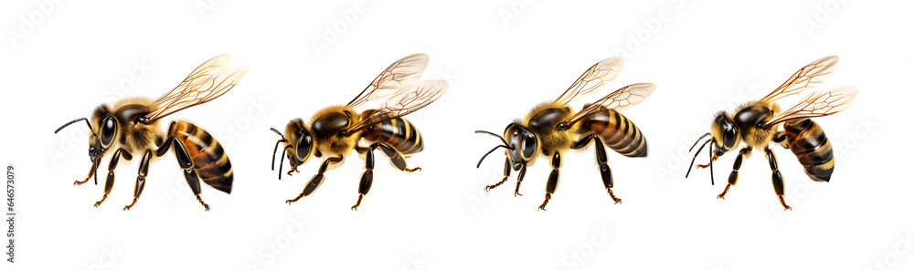 Set of isolated honey bees on transparent background. A stunning bee is flying, macro. Set of isolated honey bees on transparent background. A stunning bee is flying, macro.