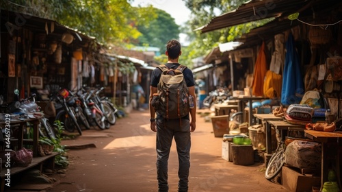 A backside backpacker walking at local street market at countryside, Thailand © ANEK