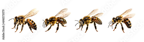 Set of isolated honey bees on transparent background. A stunning bee is flying, macro. © Tanuha