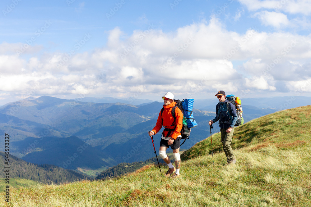 Obraz premium two men with hiking equipment and backpacks go to the mountains with trekking poles