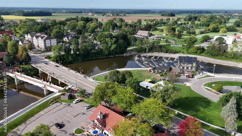 A forward aerial establishing shot view of the tourist district of