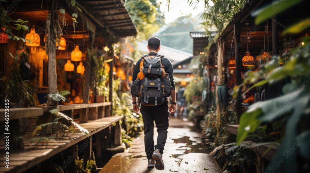 A backside backpacker walking at local street market at countryside, Thailand