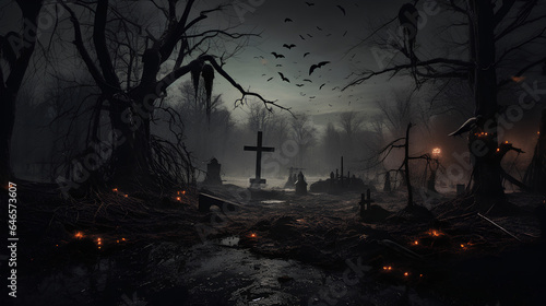 Dark and abandoned landscapes. Realistic Halloween landscapes. Abandoned houses, cemeteries, skulls, bats...