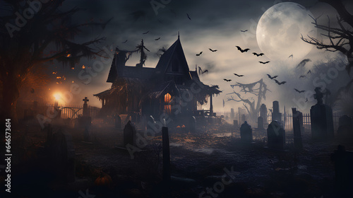 Dark and abandoned landscapes. Realistic Halloween landscapes. Abandoned houses, cemeteries, skulls, bats...