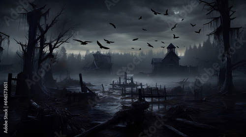 Dark and abandoned landscapes. Realistic Halloween landscapes. Abandoned houses, cemeteries, skulls, bats... © Moon Project