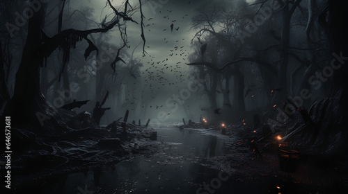 Dark and abandoned landscapes. Realistic Halloween landscapes. Abandoned houses, cemeteries, skulls, bats...