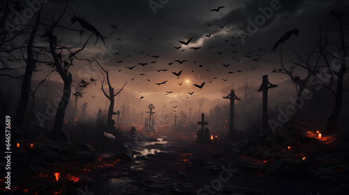 Dark and abandoned landscapes. Realistic Halloween landscapes. Abandoned houses, cemeteries, skulls, bats...