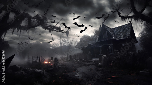 Dark and abandoned landscapes. Realistic Halloween landscapes. Abandoned houses, cemeteries, skulls, bats...