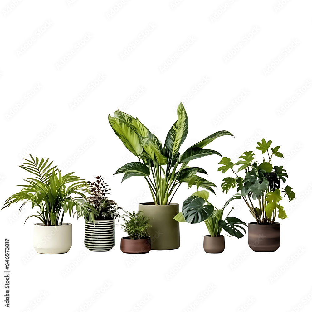 Decorative house plants in pots, no background