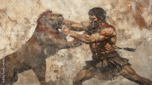 Wall painting of Hercules and lion like Ancient Greek and Roman art