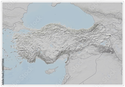 The relief map of Turkey presents the geographical details and surface texture in detail.