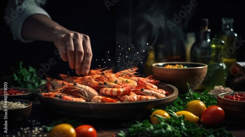 the chef spices the shrimp