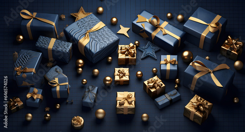 a christmas layout with blue, shiny masked outlines, gold stars and gold boxes, in the style of hyper-realistic still life, light navy and dark gray, contemporary candy-coated © Milito