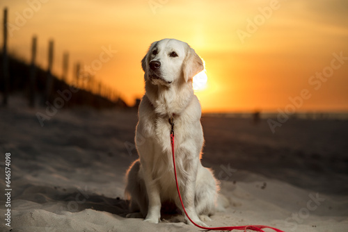 Młody pies, szczeniak rasy Golden Retriever siedzący na piaszczystej plaży o zachodzie słońca. W oddali białego psa, zachodzące słońce . Pies Patrzy w lewo do góry © FotoEston