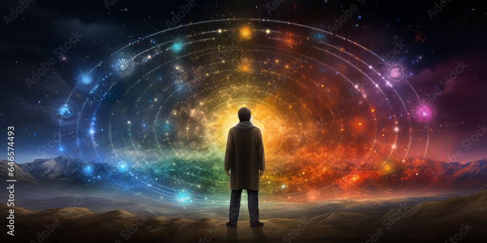 Fototapeta premium Mann mit Rückenansicht vor einerkreisförmigen großen bunten Wand voller energie als Banner im Querformat, ai generativ 