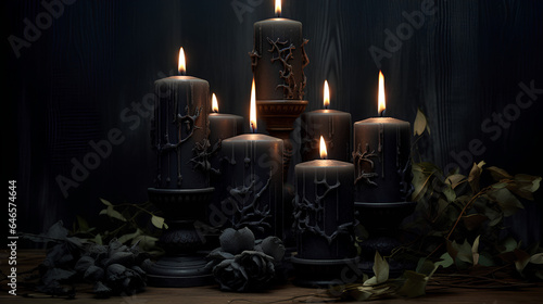 Black and dark candles with Halloween skulls and pumpkins. Realistic scenes with many candles in a gloomy and very dark environment.