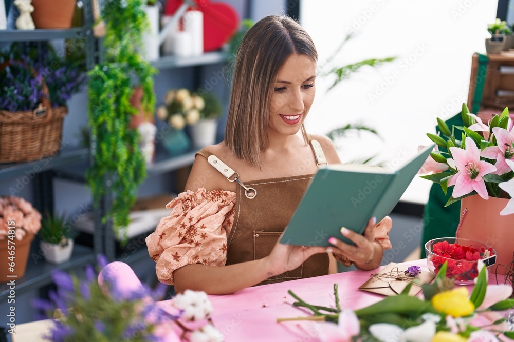 Young beautiful hispanic woman florist smiling confident reading book at flower shop Young beautiful hispanic woman florist smiling confident reading book at flower shop