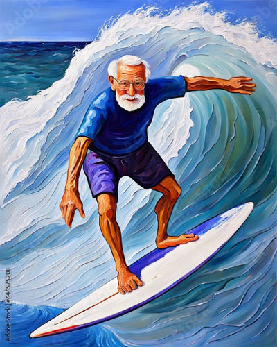 senior elderly man surfin the waves illustration photo