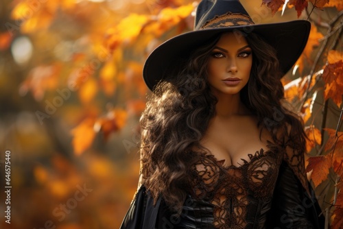 Magic gothic enchanted witch woman evil fairy girl magician wearing dress and hat in Happy Halloween spooky scary fantasy fall scene with full moon creepy horror night light background. Copy space. © Synthetica