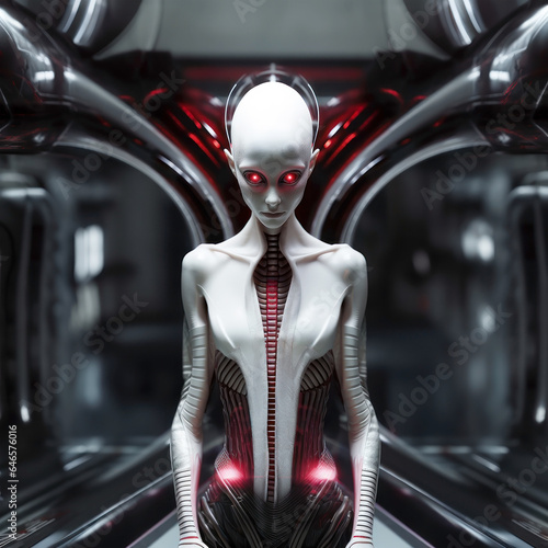 Illustration of a fictional alien character with red glowing eyes photo