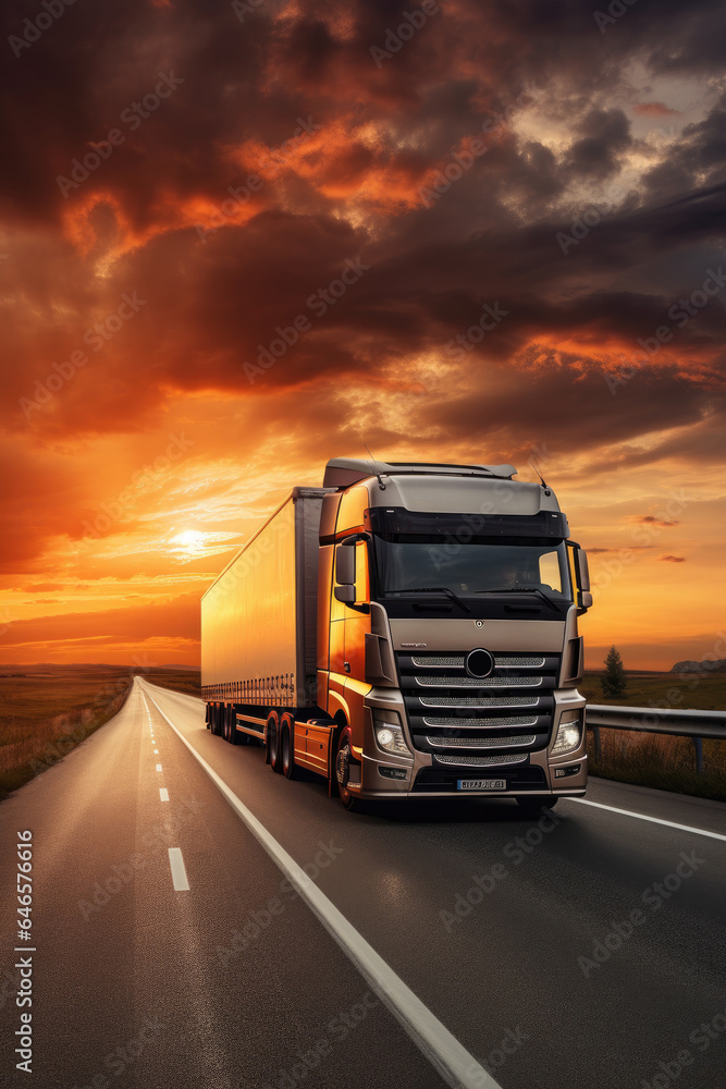 Modern lorry driving on a highway at sunset. Generation AI Modern lorry driving on a highway at sunset. Generation AI