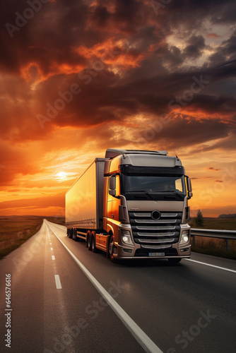 Modern lorry driving on a highway at sunset. Generation AI