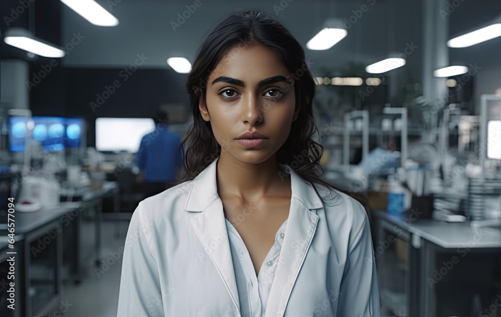Portrait of young female scientist in a lab coat in a research microbiological laboratory