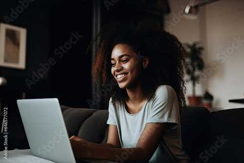 Cheerful African-American woman in white t-shirt uses a laptop on cosy sofa in living room