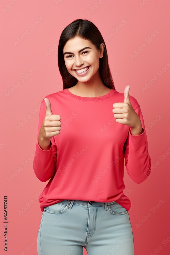 young happy woman wears a t-shirt with red sleeves young happy woman wears a t-shirt with red sleeves