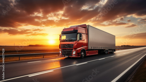 Modern lorry driving on a highway at sunset. Generation AI © piai