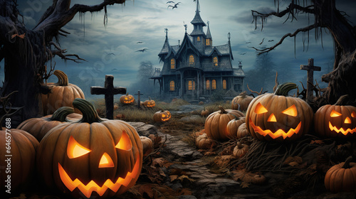 Terrifying halloween scene with scary pumpkins and a haunted house