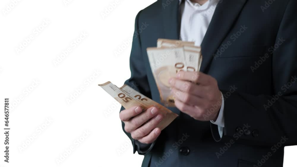 Unrecognizable businessman counts money on white background, copy space. Lucky man holding and counting Euros, close up. Successful transaction, capital investment Unrecognizable businessman counts money on white background, copy space. Lucky man holding and counting Euros, close up. Successful transaction, capital investment