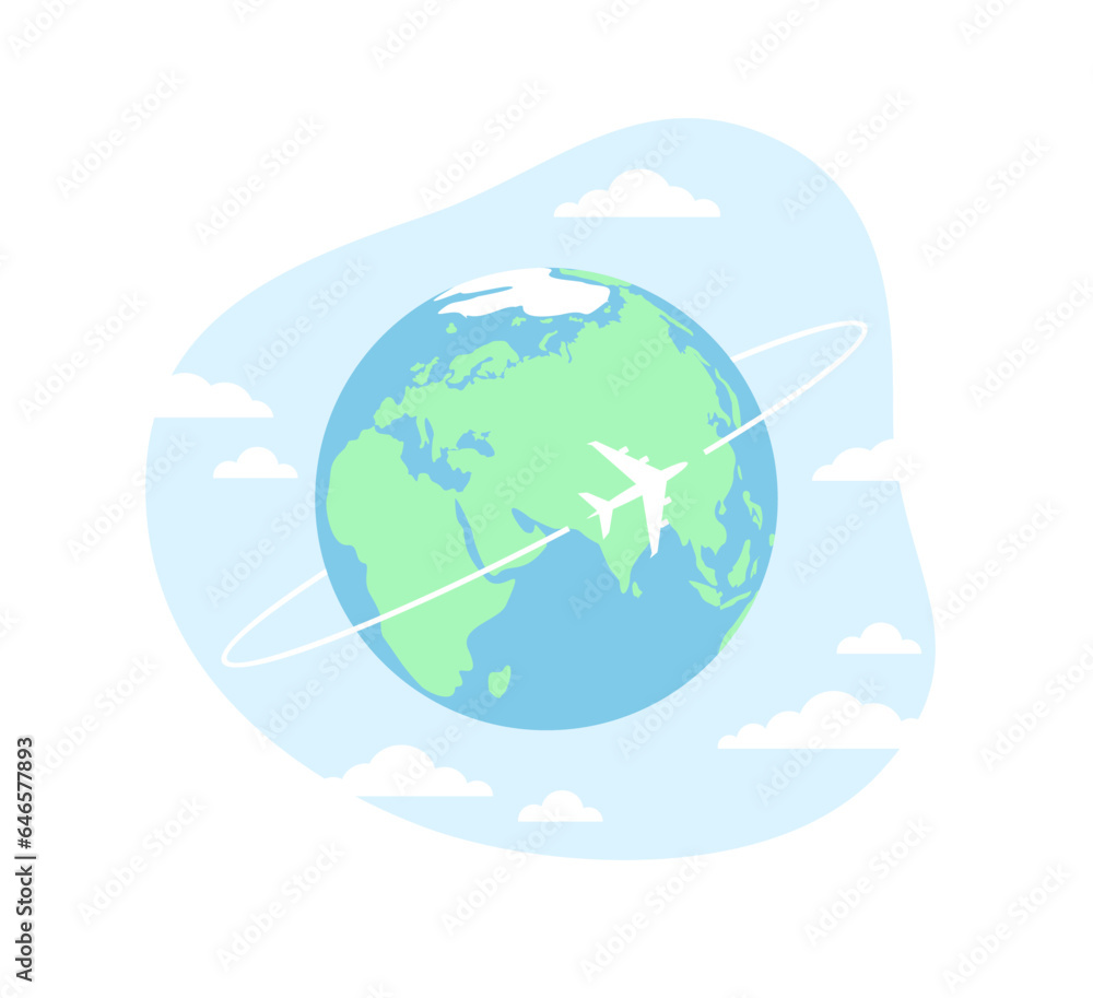 Earth globe with an airplane flying around it and blue cloudy sky isolated on a white background. Flat vector illustration Earth globe with an airplane flying around it and blue cloudy sky isolated on a white background. Flat vector illustration