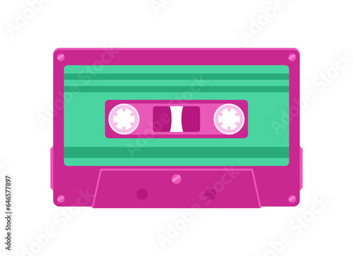 Plastic pink and green retro audio cassette isolated on white background. Flat vector illustration