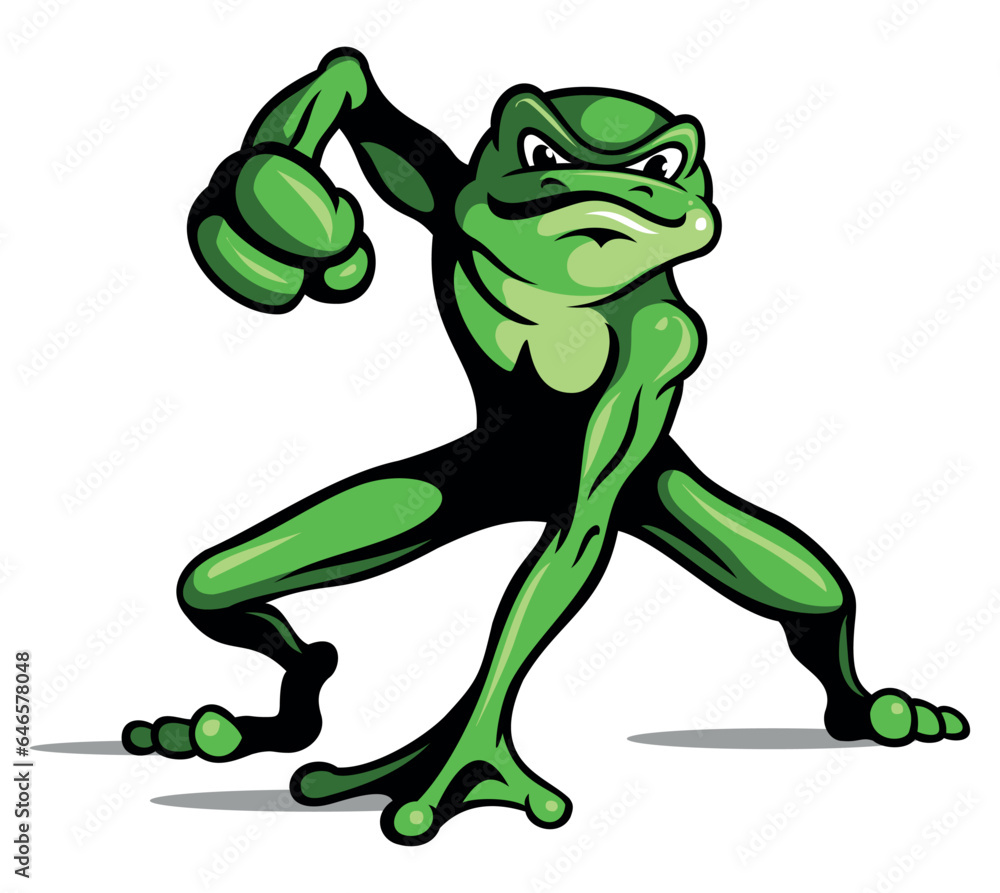 Cartoon style green fighting frog character. Isolated on white background. Cartoon style green fighting frog character. Isolated on white background.
