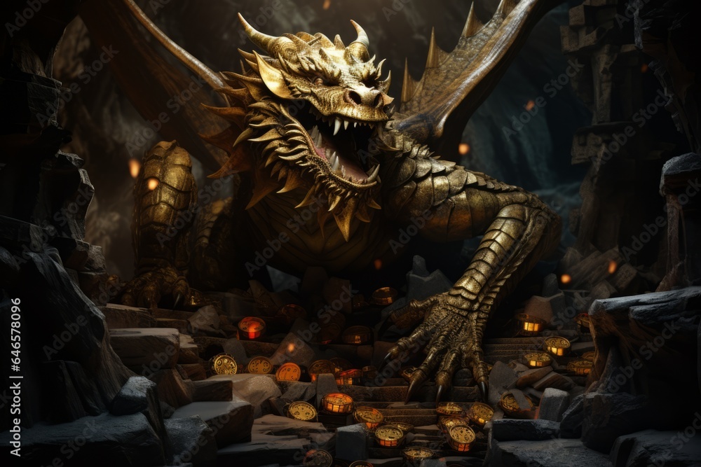 Fototapeta premium A massive, ominous dragon guarding its treasure trove of gleaming jewels, gold coins, and ancient relics within a dark, foreboding cave