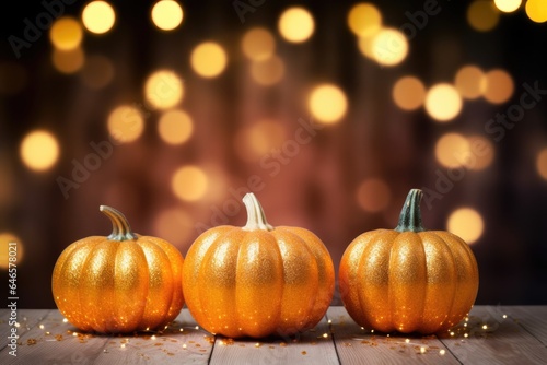 Happy Thanksgiving season celebration traditional pumpkins on decorated wooden table with lights fall background. Halloween decorations wood illuminated autumn cozy backdrop, copy space.