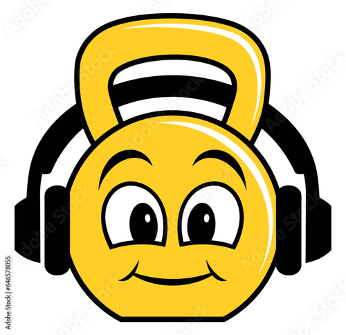 Cartoon style kettlebell character with the headphones. Isolated on white background.